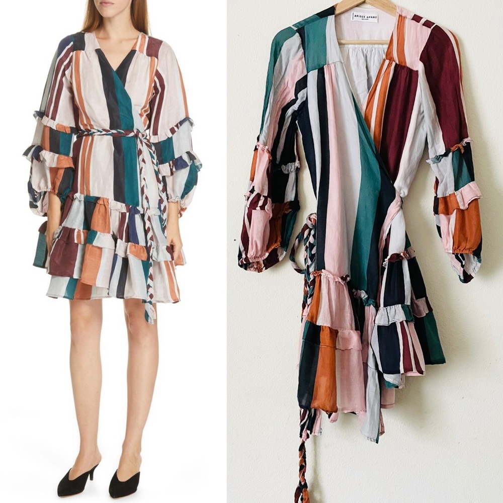 Apiece Apart New York SMALL Zarza striped long sleeve wrap tie mini dress